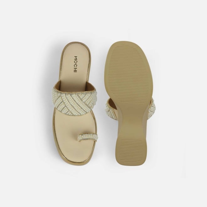 Mochi Women Beige-gold Ethnic Slip Ons (SKU: 35-2431-51-39)