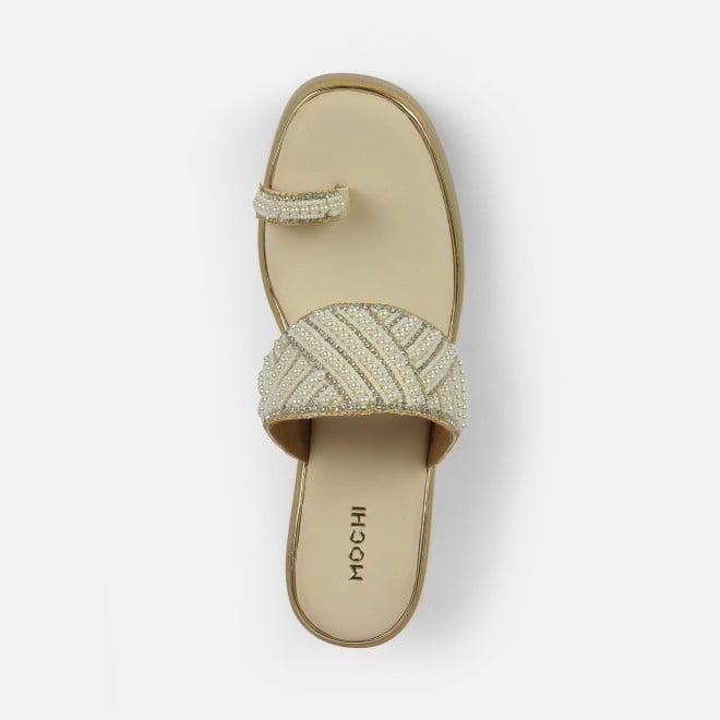 Mochi Women Beige-gold Ethnic Slip Ons (SKU: 35-2431-51-39)