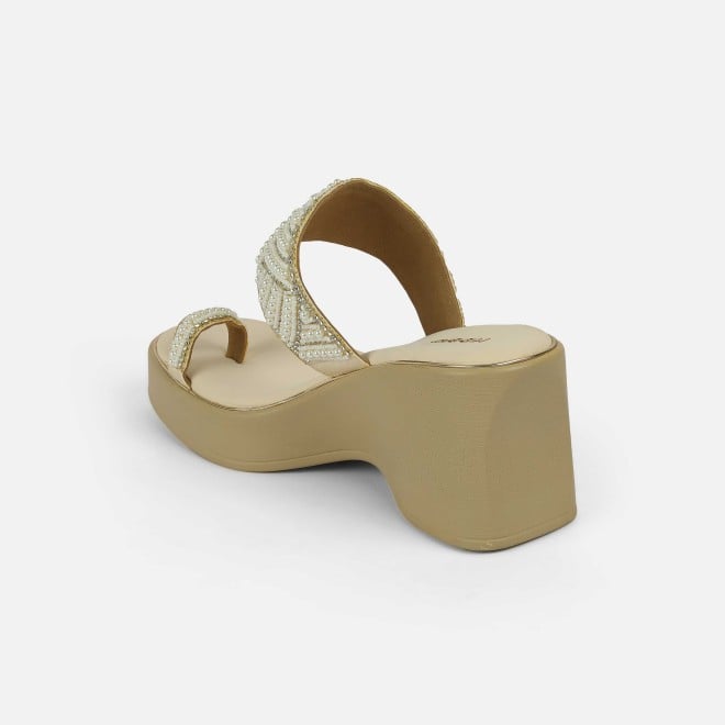 Mochi Women Beige-gold Ethnic Slip Ons (SKU: 35-2431-51-39)