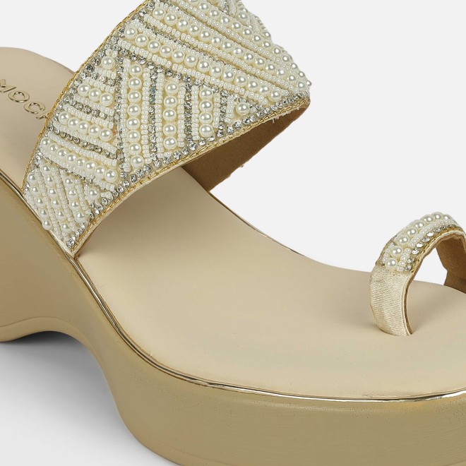 Mochi Women Beige-gold Ethnic Slip Ons (SKU: 35-2431-51-39)