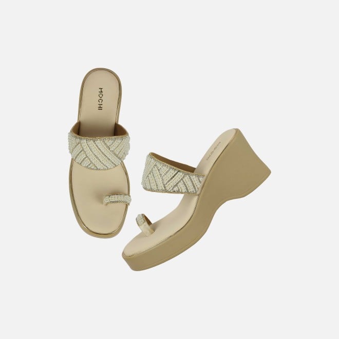 Mochi Women Beige-gold Ethnic Slip Ons (SKU: 35-2431-51-39)