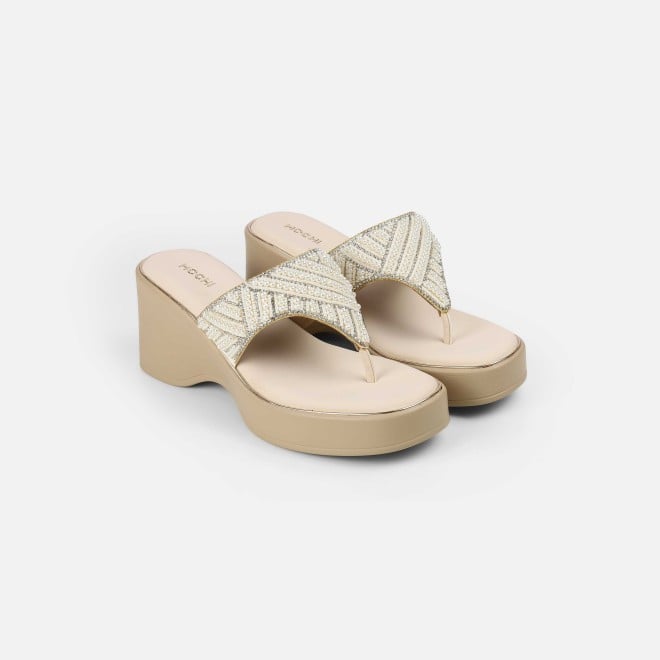 Mochi Women Beige-gold Ethnic Slip Ons (SKU: 35-2434-51-36)