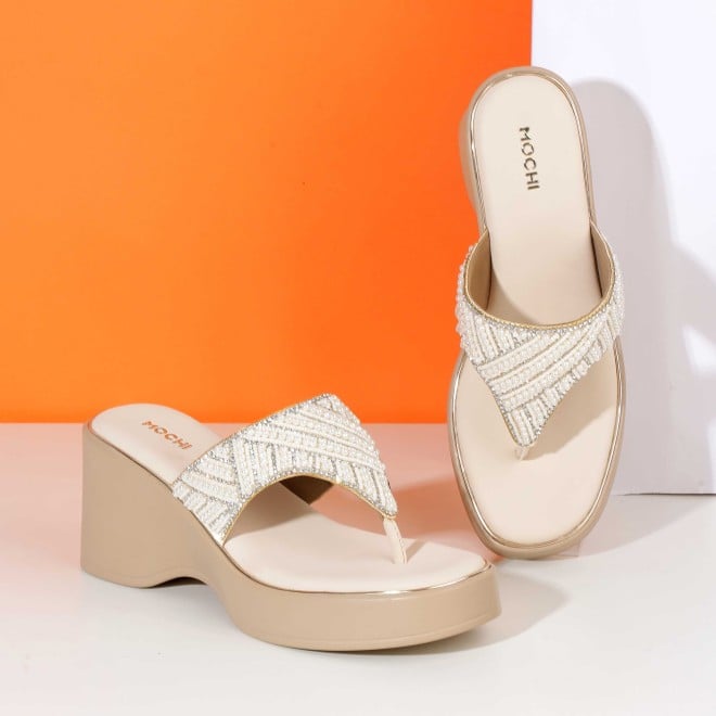 Mochi Women Beige-gold Ethnic Slip Ons