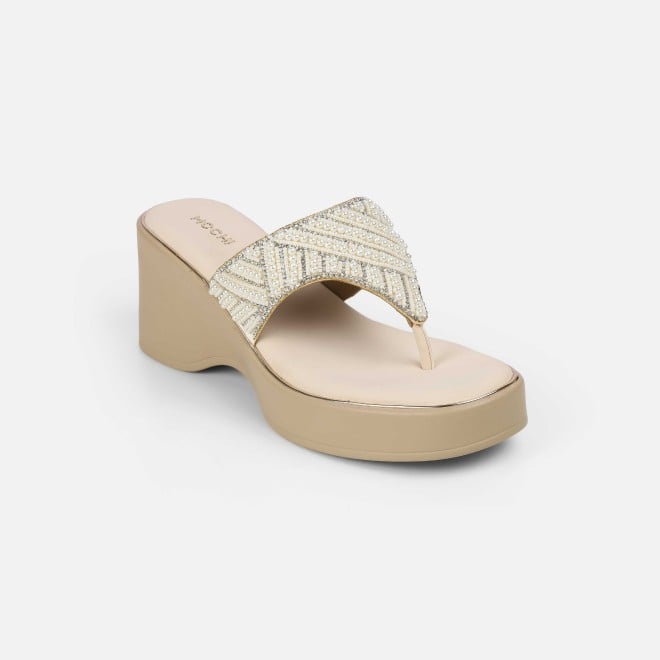 Mochi Women Beige-gold Ethnic Slip Ons (SKU: 35-2434-51-36)