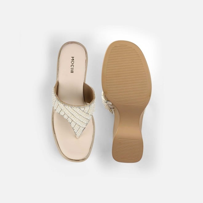 Mochi Women Beige-gold Ethnic Slip Ons (SKU: 35-2434-51-36)