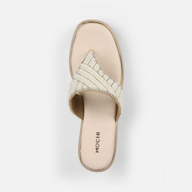 Mochi Women Beige-gold Ethnic Slip Ons (SKU: 35-2434-51-36)