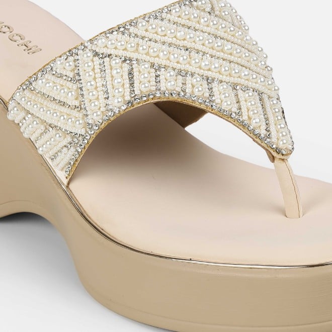 Mochi Women Beige-gold Ethnic Slip Ons (SKU: 35-2434-51-36)