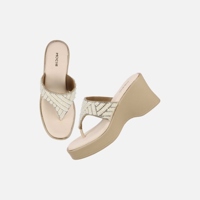 Mochi Women Beige-gold Ethnic Slip Ons (SKU: 35-2434-51-36)