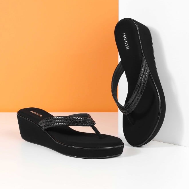 Mochi Women Black Party Slip Ons