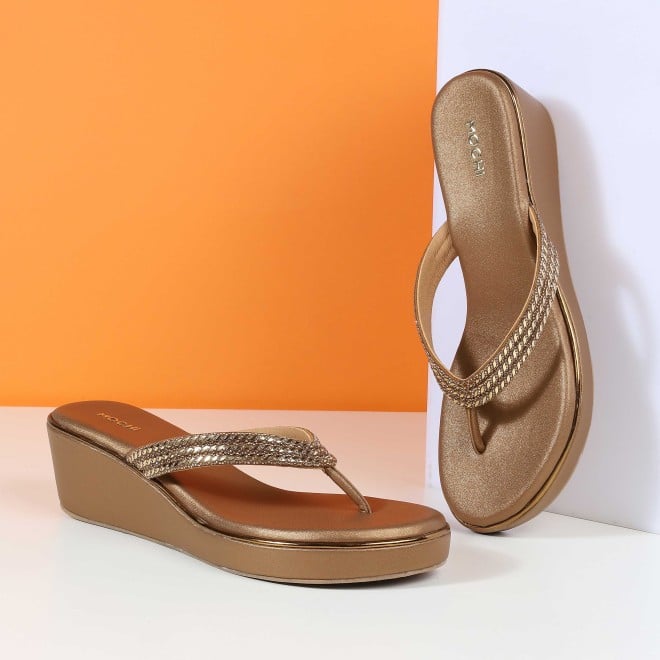 Mochi Women Antic-gold Party Slip Ons