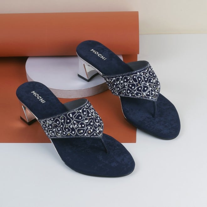 Mochi Women Blue Ethnic Slip Ons