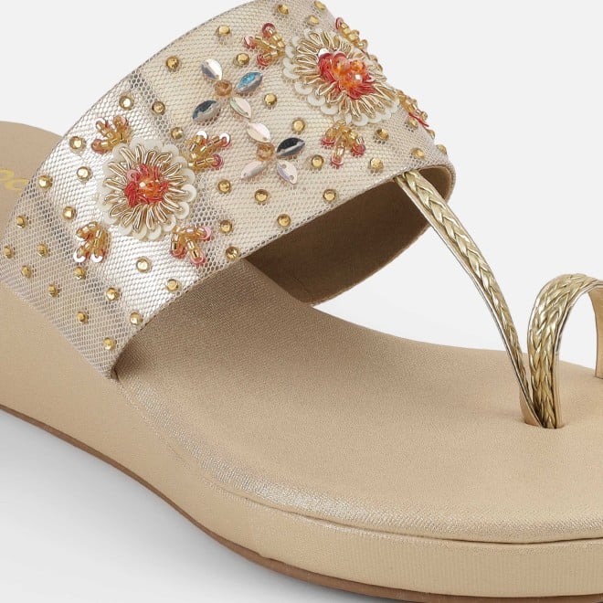 Mochi Women Gold Ethnic Slip Ons (SKU: 35-2500-15-36)