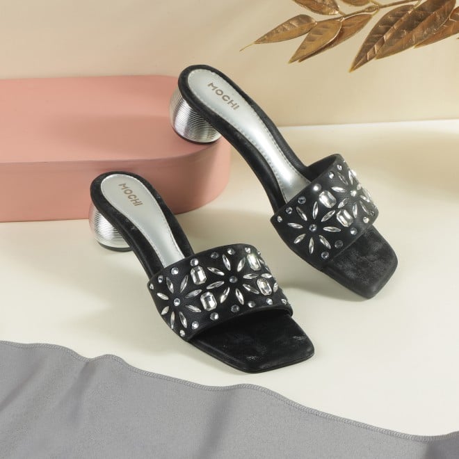 Mochi Women Black Party Slip Ons