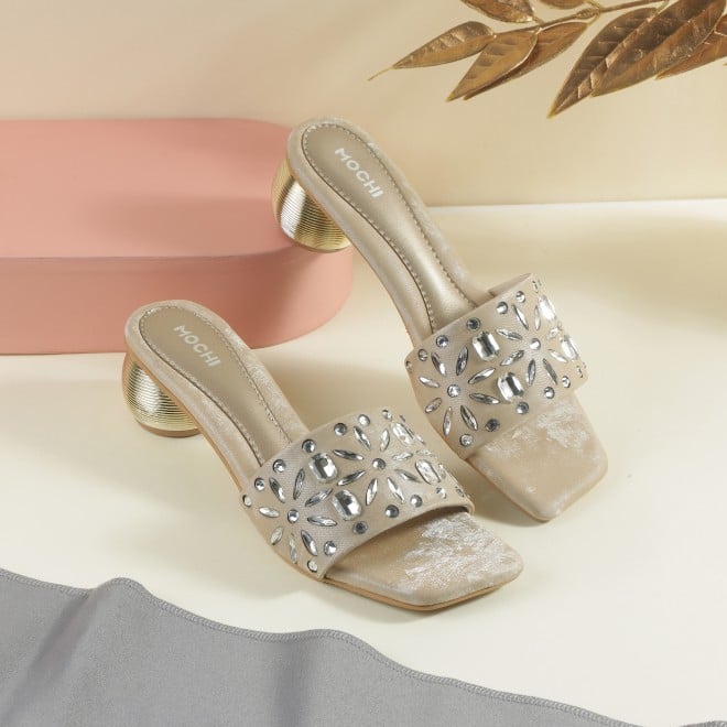 Mochi Women Beige Party Slip Ons
