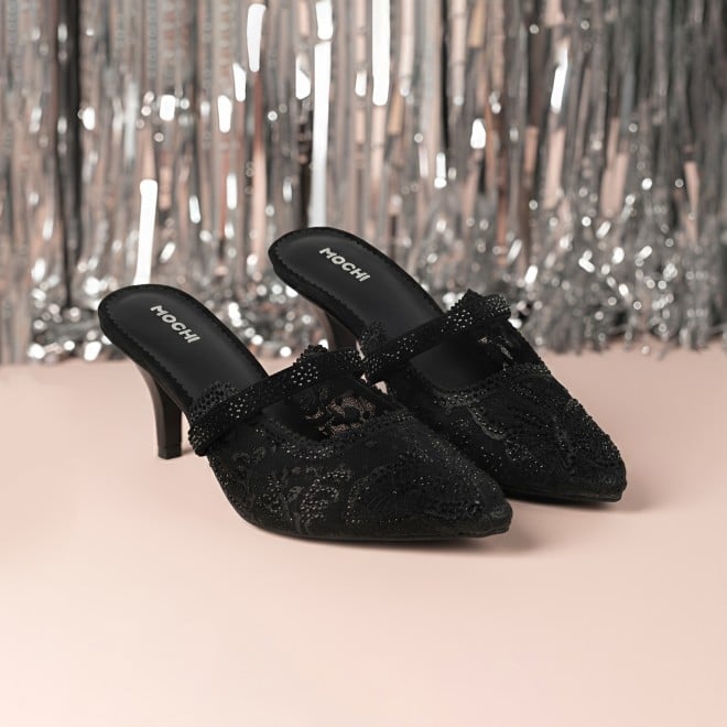 Mochi Women Black Wedding Slip Ons