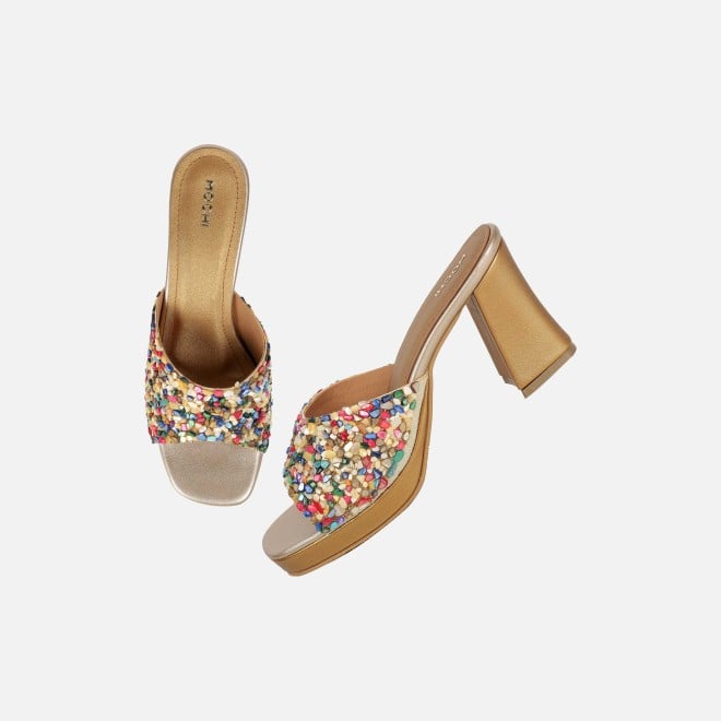 Mochi Women Gold Casual Slip Ons (SKU: 35-2590-15-37)