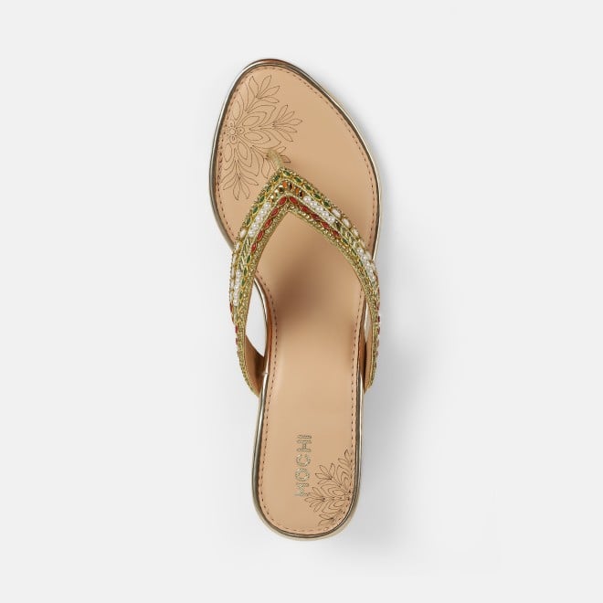 Mochi Women Gold Ethnic Slip Ons (SKU: 35-2595-15-36)