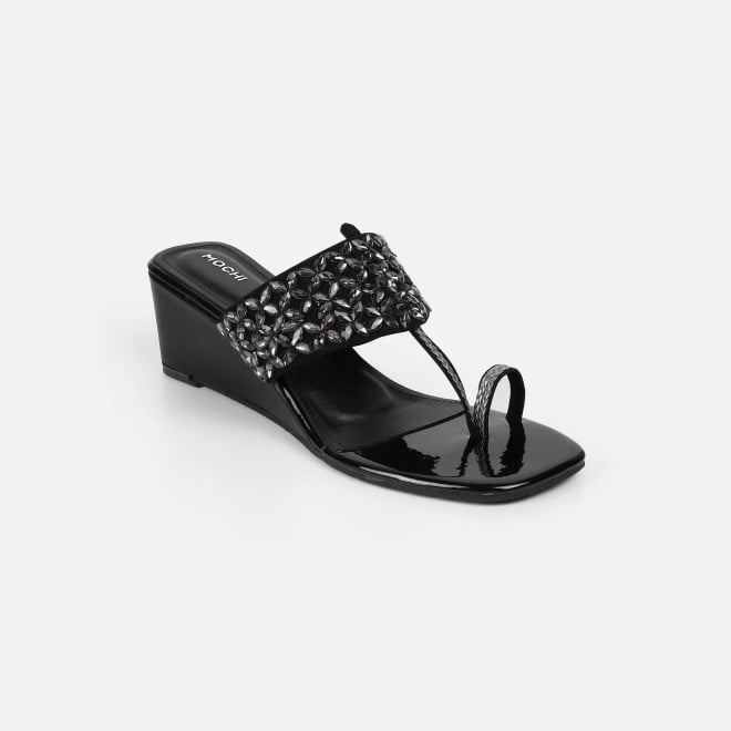 Mochi Women Black Ethnic Slip Ons