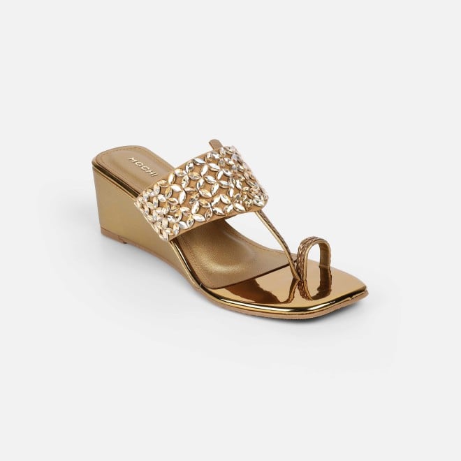 Mochi Women Antic-gold Ethnic Slip Ons