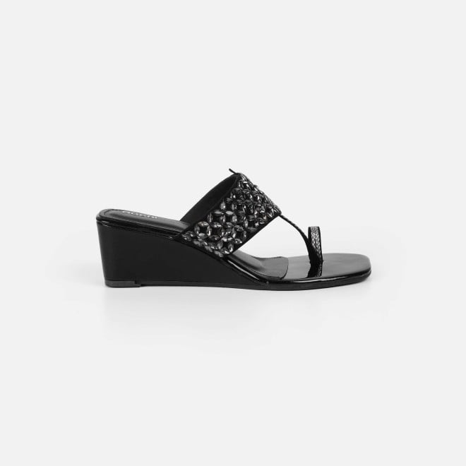 Mochi Women Black Ethnic Slip Ons (SKU: 35-2599-11-37)