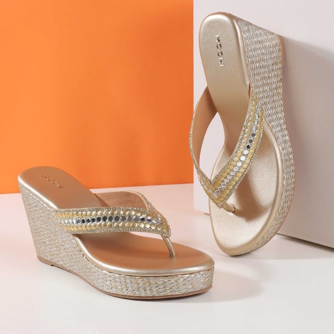 Mochi Women Gold Ethnic Slip Ons