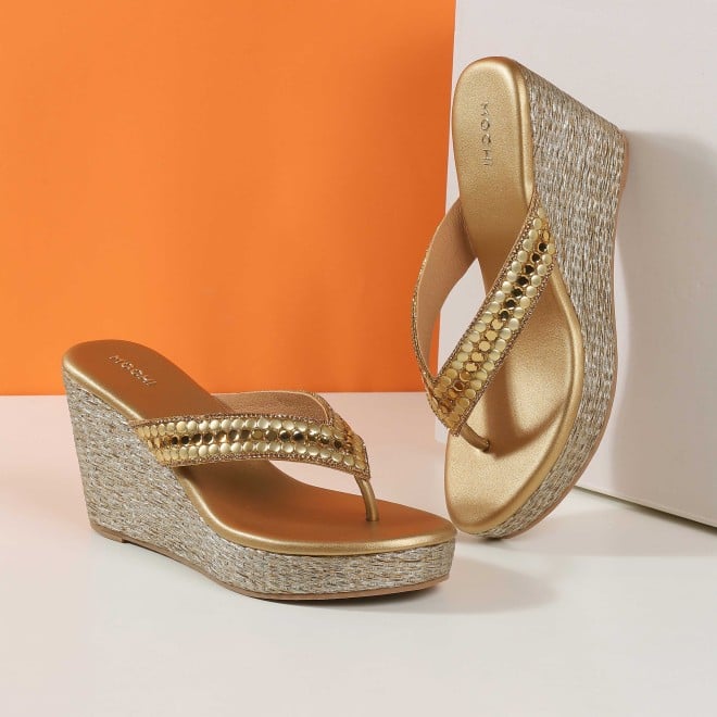 Mochi Women Antic-gold Ethnic Slip Ons