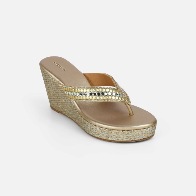 Mochi Women Gold Ethnic Slip Ons (SKU: 35-2619-15-37)