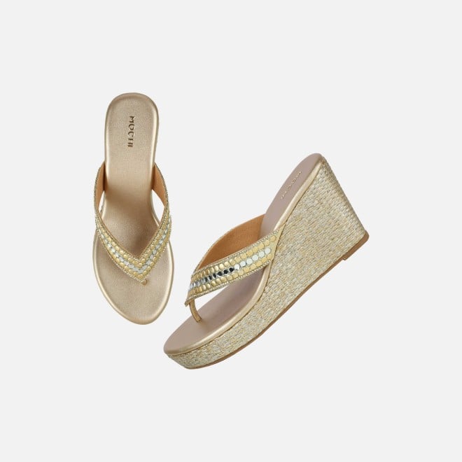 Mochi Women Gold Ethnic Slip Ons (SKU: 35-2619-15-37)