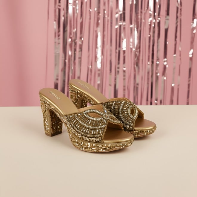 Mochi Women Antic-gold Ethnic Slip Ons