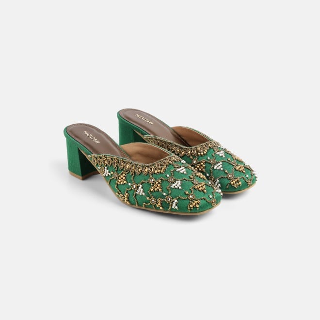 Mochi Women Green Wedding Slip Ons (SKU: 35-2624-21-37)