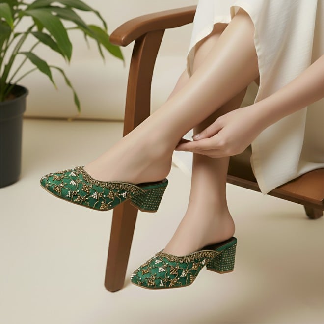 Mochi Women Green Wedding Slip Ons (SKU: 35-2624-21-37)