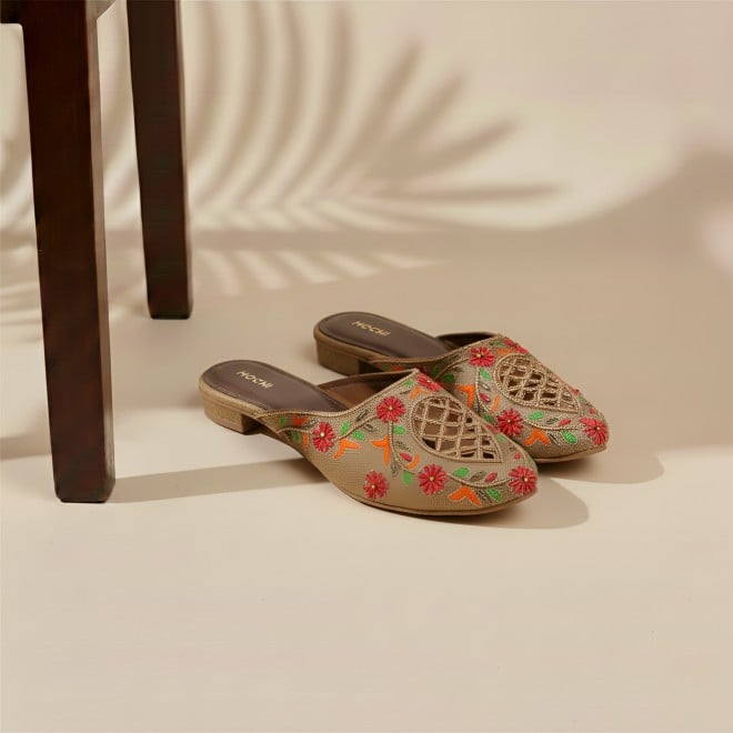 Mochi Women Antic-gold Ethnic Slip Ons