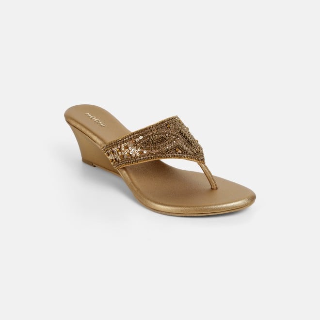 Mochi Women Antic-gold Ethnic Slip Ons