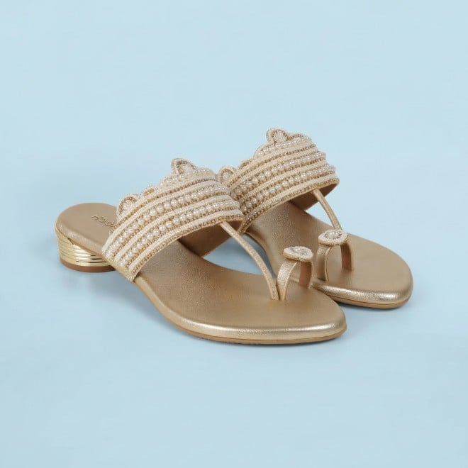 Mochi Women Gold Casual Slippers