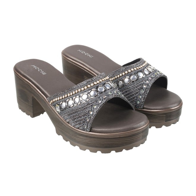 Mochi Women Gun-Metal Ethnic Slip Ons