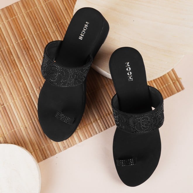 Mochi Women Black Ethnic Slip Ons