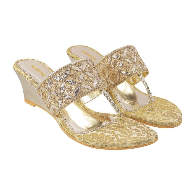 Mochi Women Gold Ethnic Slip Ons