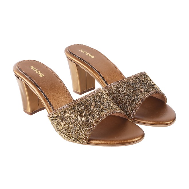 Mochi Women Antique-Gold Wedding Slip Ons