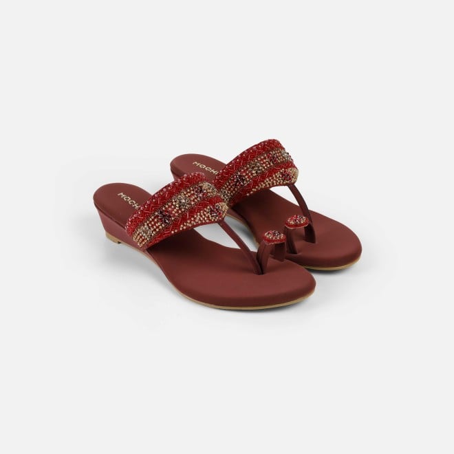 Mochi Women Maroon Ethnic Slip Ons (SKU: 35-492-44-36)