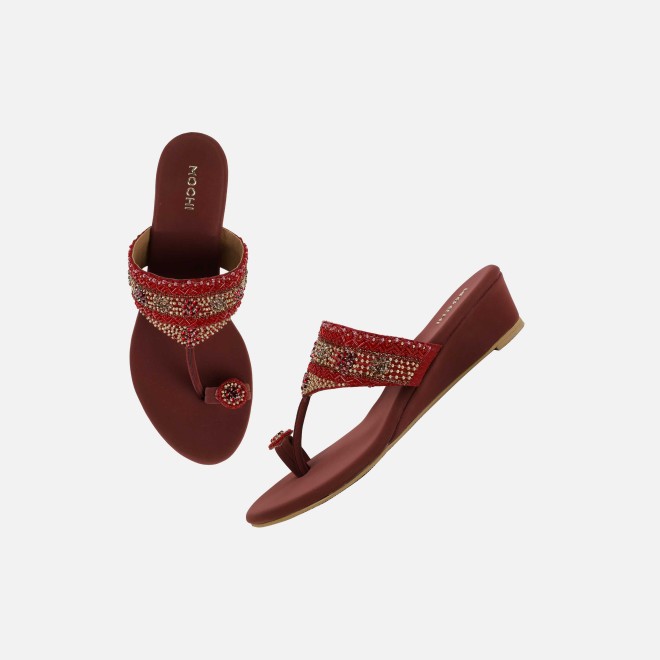 Mochi Women Maroon Ethnic Slip Ons (SKU: 35-492-44-36)