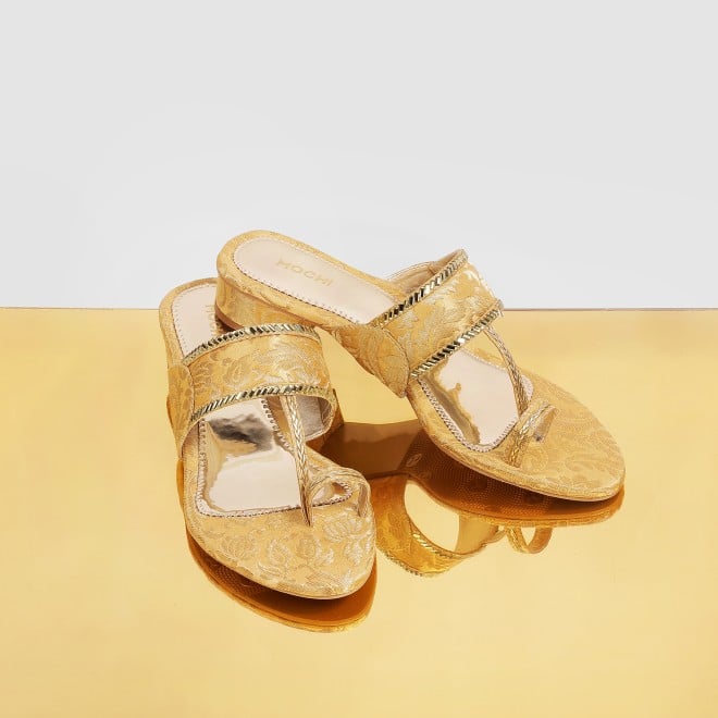 Mochi Women Gold Ethnic Slip Ons