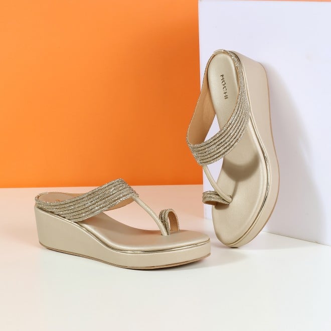 Mochi Women Gold Ethnic Slip Ons