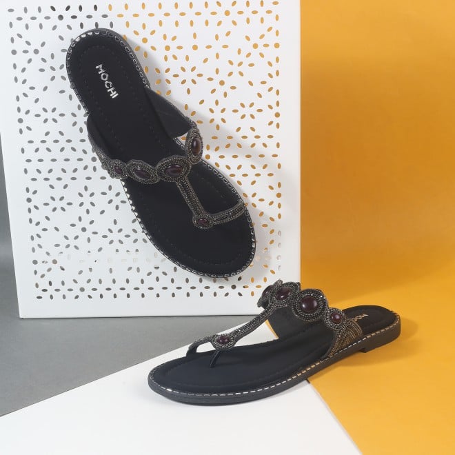 Mochi Women Black Ethnic Slip Ons (SKU: 35-901614-11-37)