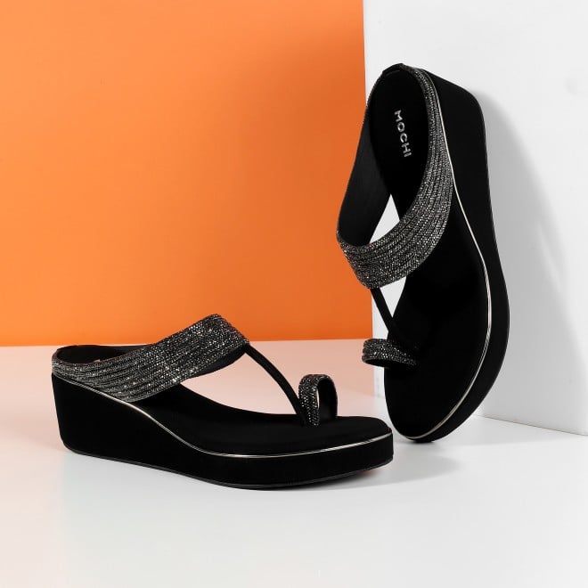 Mochi Women Black Ethnic Slip Ons