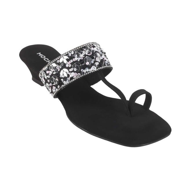 Mochi Women Black Ethnic Slip Ons