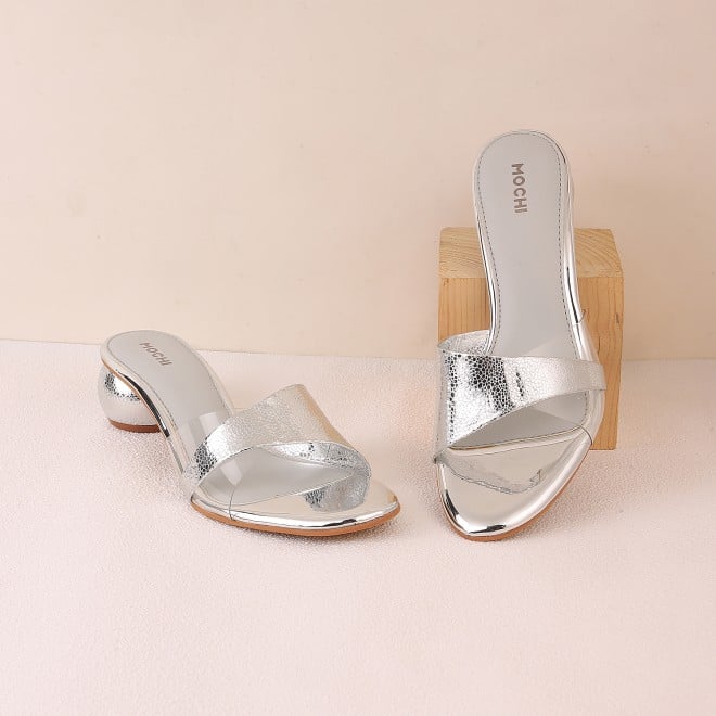 Mochi Women Silver Party Slip Ons