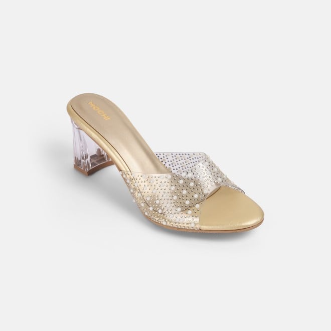Mochi Women Gold Party Slip Ons
