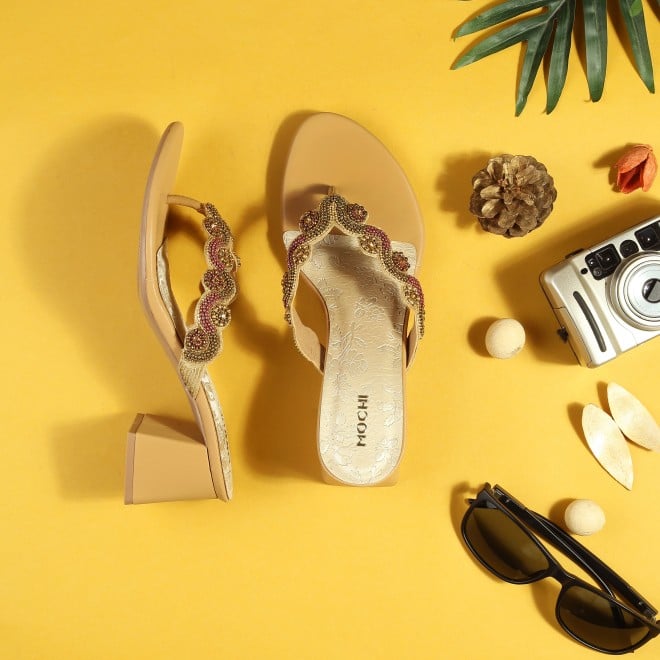 Mochi Women Antic-gold Ethnic Slip Ons