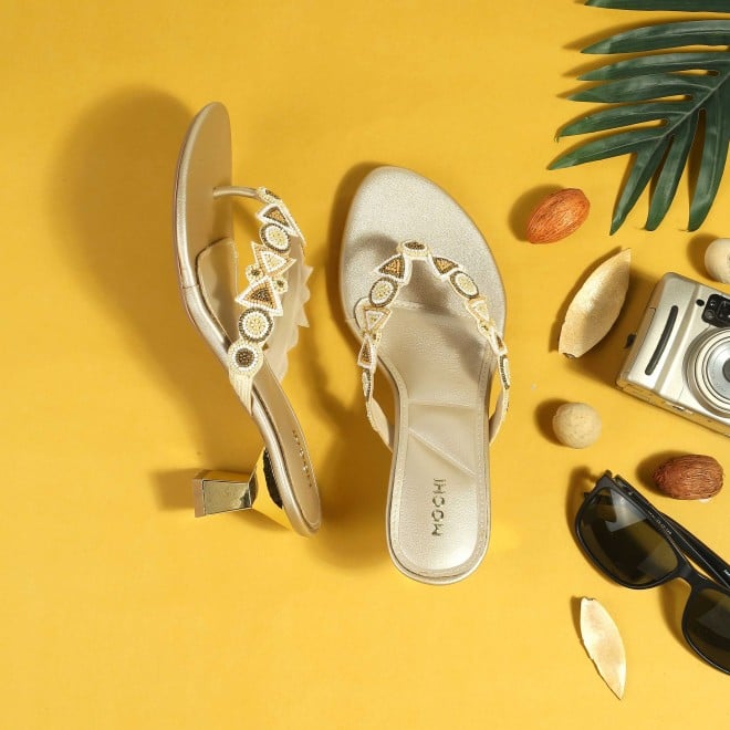 Mochi Women Gold Ethnic Slip Ons