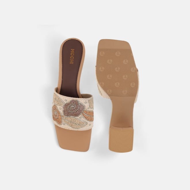 Mochi Women Beige Ethnic Slip Ons (SKU: 40-481-20-37)